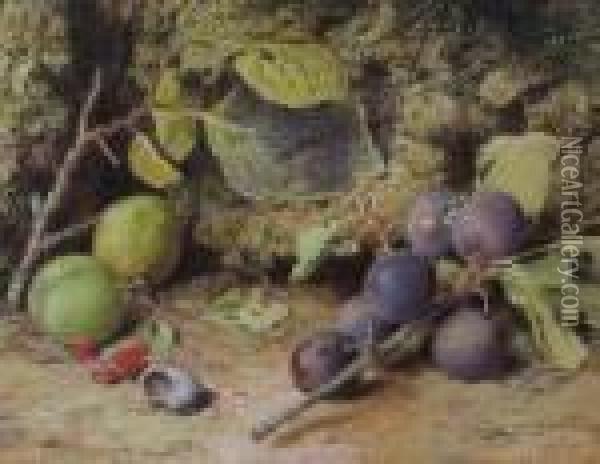 Still Life With Plums And A Snail Shell Oil Painting - William Henry Hunt