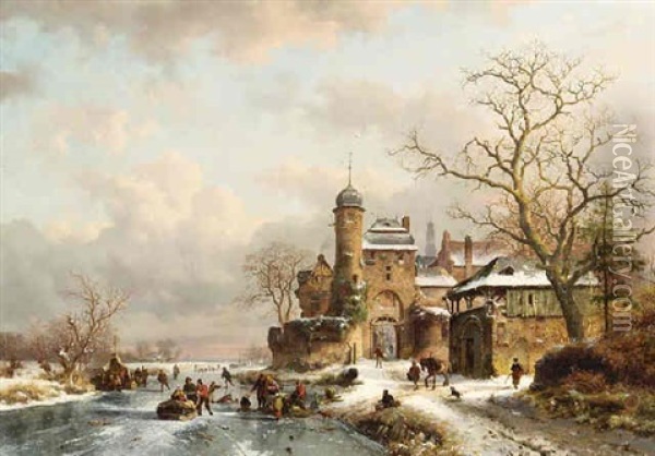 A Winter Landscape With Ice Amusements Near A Town Gate Oil Painting - Frederik Marinus Kruseman