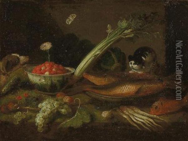 Kitchen Scene With Fish, Vegetables, Fruit, And Animals Oil Painting - Jan van Kessel