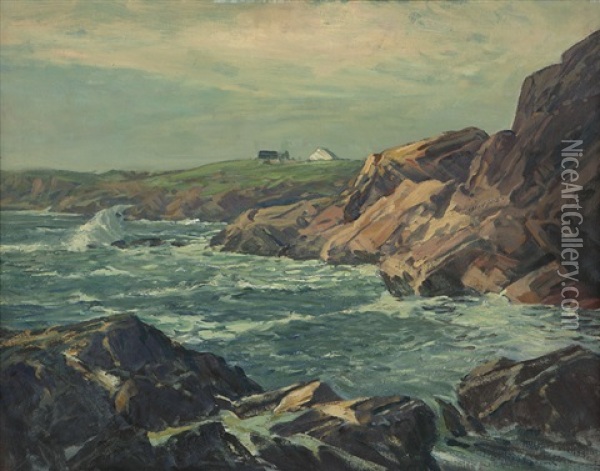 Maine Coastal View With Distant Farm Oil Painting - Alexander Bower