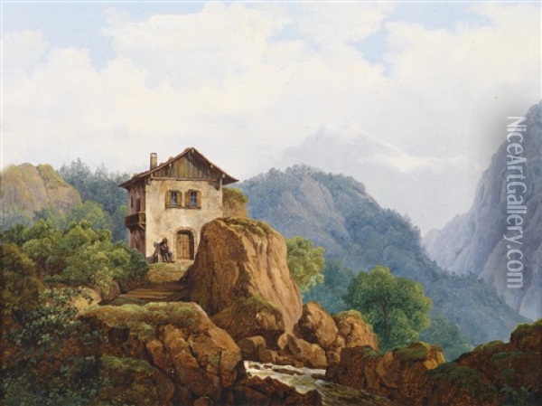 Gebirgslandschaft Mit Haus Am Wildbach Oil Painting - Franz Thiel