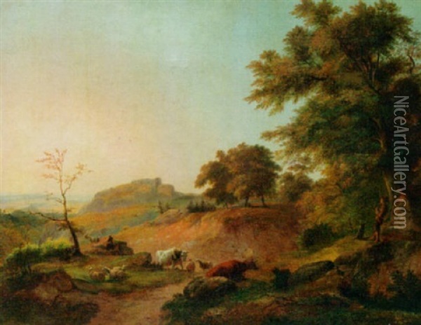 An Italianate Landscape With A Herdsman And His Cattle Oil Painting - Christian (Johann Chr. Leberecht) Grabau