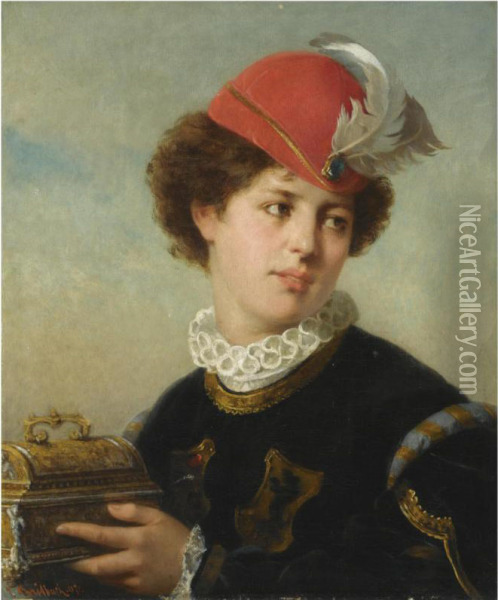 A Young Nobleman Holding A Small Chest Oil Painting - Carl Breitbach