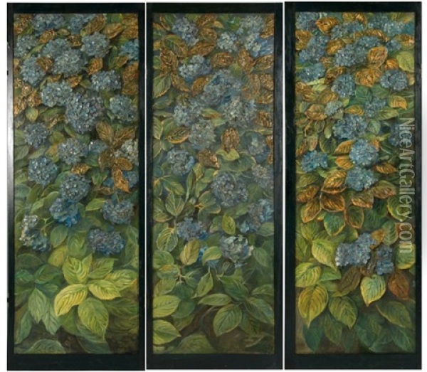 Paravent A Trois Feuilles Orne D'hortensias Bleu (in 3 Parts) Oil Painting - Madeleine Jeanne Lemaire