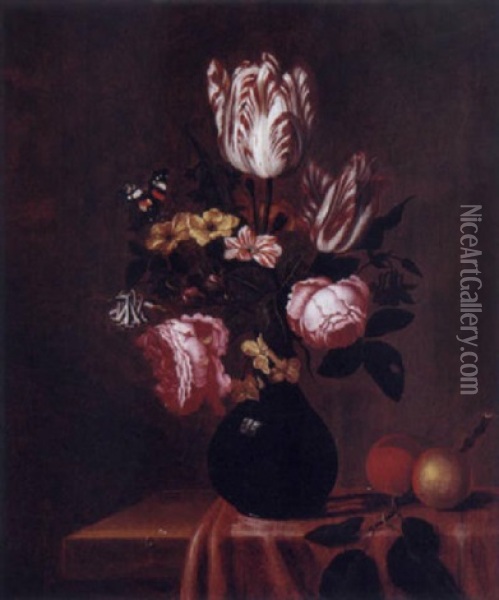 Vase De Fleurs Sur Un Entablement Oil Painting - Jakobus Rootius