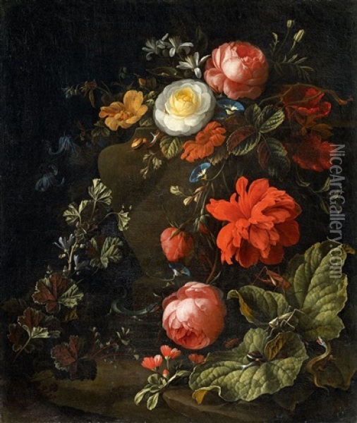 Floral Still Life With Insects Oil Painting - Elias van den Broeck