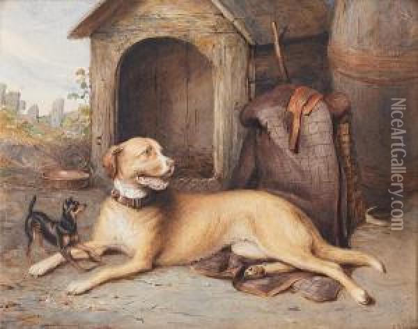 A Mastiff And Miniature Pinscher Before Akennel Oil Painting - Robert Richard Scanlan