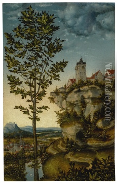 Landscape With Fortified Buildings On A Rocky Bluff, A Tree In The Left Foreground And A Distant View Of A Town Beyond Oil Painting - Lucas Cranach the Elder