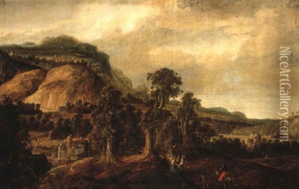 A Mountainous Landscape With Travellers And Cavalrymen On A Road Oil Painting - Jan Looten