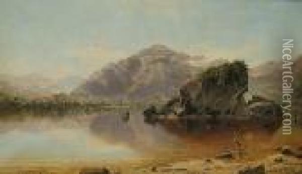 A Placid Lake With Mountains Beyond Oil Painting - Charles Leslie
