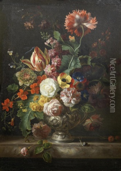 Roses, Tulips, Marigolds And Other Flowers In A Silver Vase On A Marble Ledge Oil Painting - Jakob Bogdani