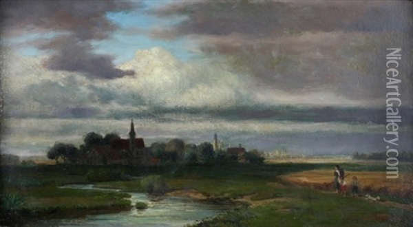 Weite Landschaft Mit Bachlauf Und Personenstaffage Mit Blick Auf Eine Ortschaft Oil Painting - Harry W. T. Candidus