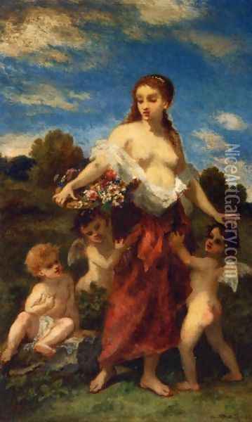 Mythological Woman with Puttis Oil Painting - Narcisse-Virgile Diaz de la Pena