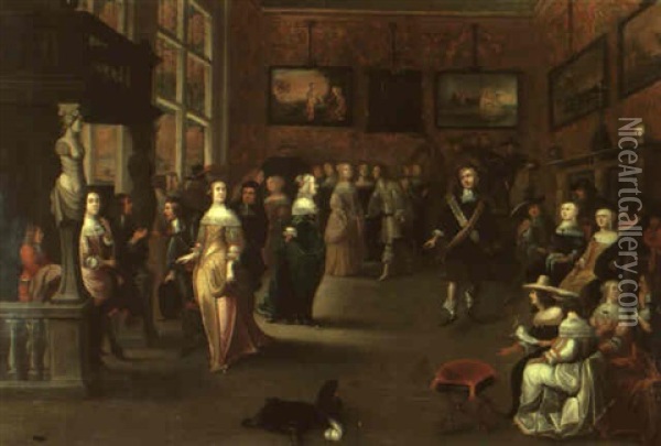 Numerous Elegant Gentlemen Dancing With Their Ladies Within A Ballroom Oil Painting - Hieronymous (Den Danser) Janssens