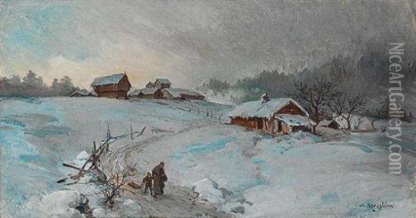 Woman And Child Withsledge In Winter Landscape Oil Painting - Nils Nilsen Bergslien