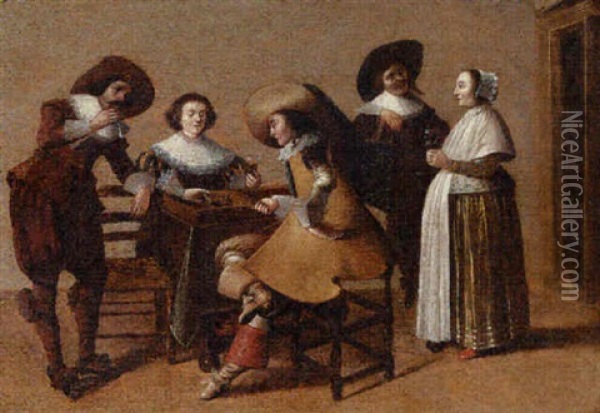 An Elegant Company Drinking And Playing Backgammon In An Interior Oil Painting - Pieter Jacobs Codde