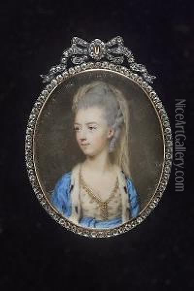 A Peeress, Wearing 'turkish' 
Style Dress, Pearl-trimmed White Dress Embroidered With Gold, 
Ermine-trimmed Turquoise Robes, Matching Tied Waist-sash And Veil In Her
 Upswept And Curled Powdered Hair Oil Painting - John I Smart