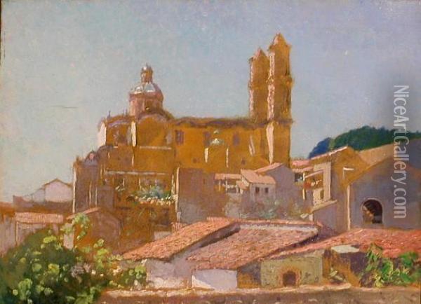 Southern European Village With View Of A Cathedral Oil Painting - Hermann Dudley Murphy