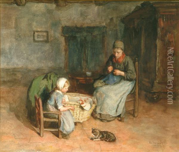 A Kitchen Interiorwith Mother Sowing And Child Playing With A Catwatercolour Oil Painting - Albertus Johan Neuhuys