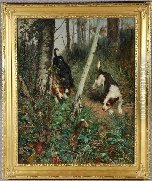 Hounds Chasing Rabbit In Forest Landscape Oil Painting - Edmund Borchard