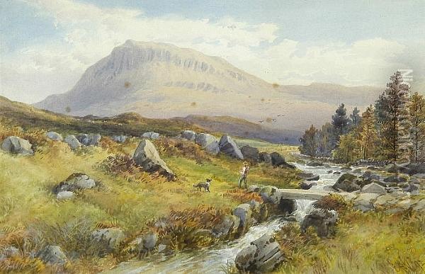 A Herdsman And His Dog In An Extensive Highland Landscape Oil Painting - Ernest Albert Waterlow