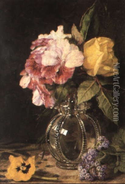 Roses, Heliotrope And Pansy In A Glass Vase Oil Painting - Martha Darley Mutrie