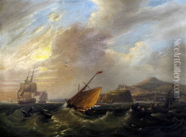 Shipping Off A Harbour Entrance Oil Painting - Frederick Calvert