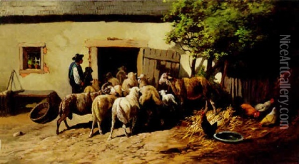 A Shepherd With His Flock Returning Home Oil Painting - Jules Bahieu
