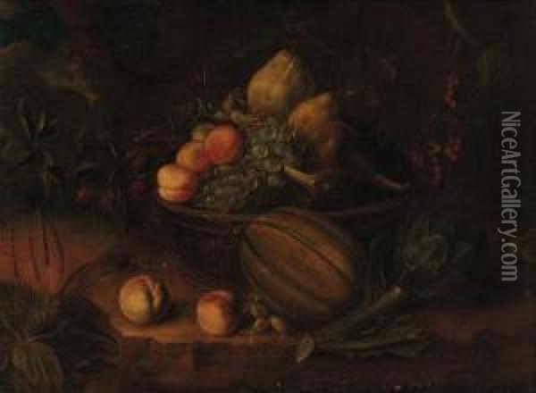 A Basket With Peaches, Grapes, 
Pears And Figs On A Stone Ledge Withpeaches, A Melon And Artichoke In A 
Landscape Oil Painting - Tommaso Salini (Mao)