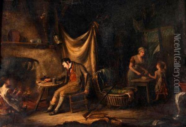 Family In Cottage Interior Oil Painting - John Cawse