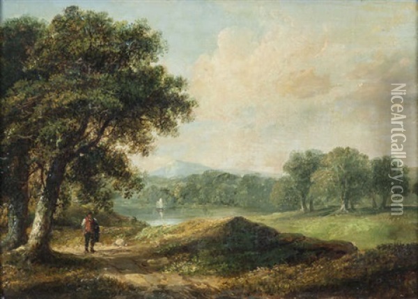A Wooded Landscape With A Man On A Path, A Lake Beyond Oil Painting - James Arthur O'Connor
