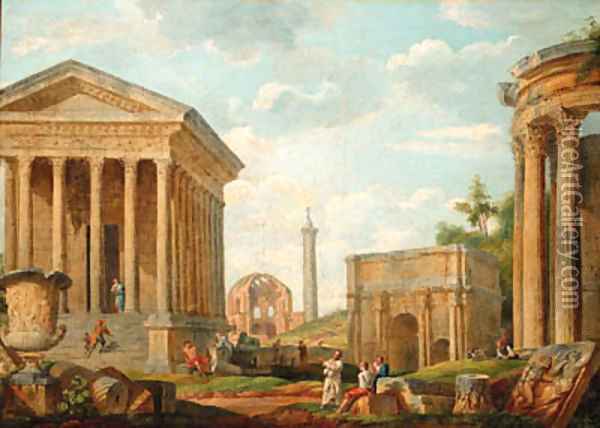A capriccio of the Maison Care at Nmes Oil Painting - Giovanni Paolo Panini