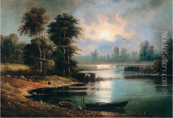 Woodland Lake By Moonlight Oil Painting - Alexander Vasiliev. Gine