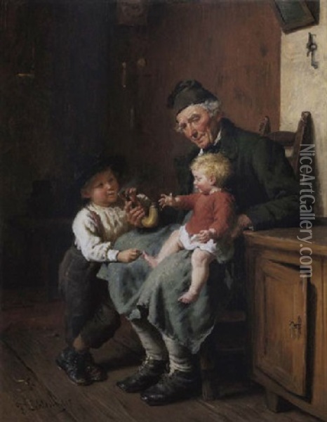 Der Erste Zug - Grossvater Mit Zwei Enkeln Oil Painting - Felix Schlesinger