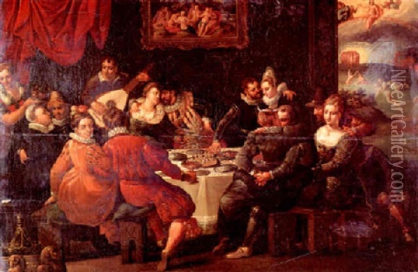 An Elegant Party At A Banquet Oil Painting - Gaspar van den Hoecke