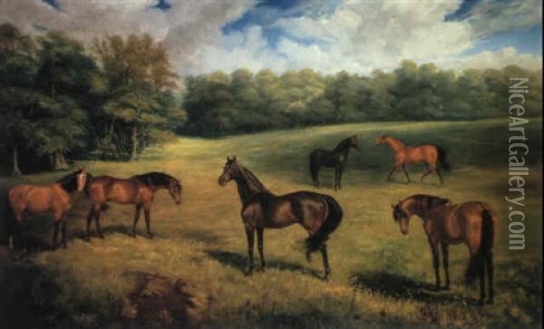 Carbine, Ayrshire, St Simon, St Serf, Raeburn, Donovan:     Stallions Owned By The Duke Of Portland, At The Welbeck Oil Painting - James Lynwood Palmer