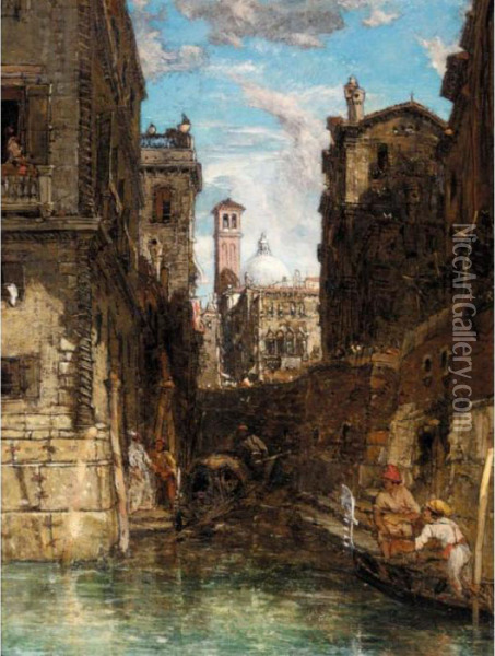 A Side Canal In Cannaregio, Looking Towards The Church Of San Geremia Oil Painting - James Holland