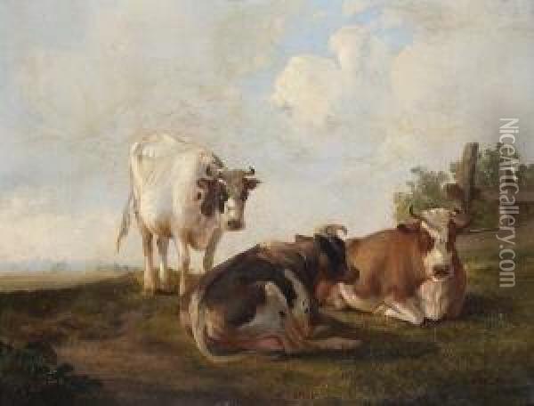 Drei Kuhe Auf Der Weide. Oil Painting - Dirk Van Lokhorst