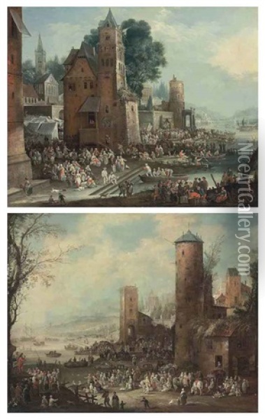 A Capriccio Harbor Scene With Market Tents And Street Theatre, Boats Docking In The Foreground (+ A Capriccio Harbor Scene With A Marketplace; Pair) Oil Painting - Pieter Casteels the Younger