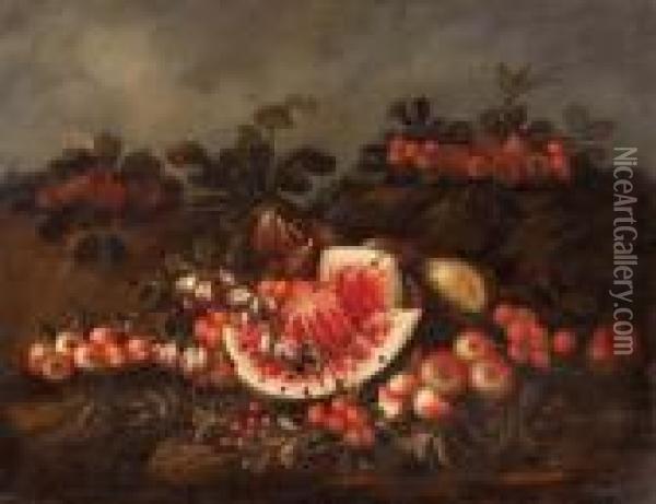 Natura Morta Con Cocomero E Frutta Oil Painting - Michele Pace Del (Michelangelo di) Campidoglio