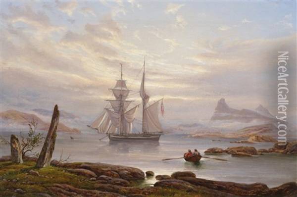 Vor Anker Liegender Zweimaster In Einem Fjord Im Nordlichen Norwegen Oil Painting - Franz Wilhelm Schiertz