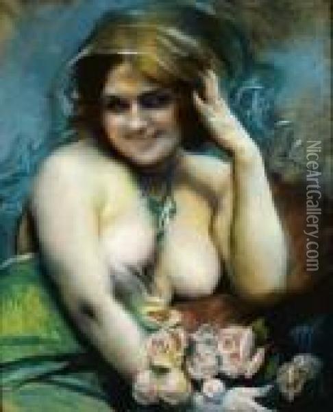 Buste De Femme Au Bouquet De Roses Oil Painting - Paul Albert Besnard