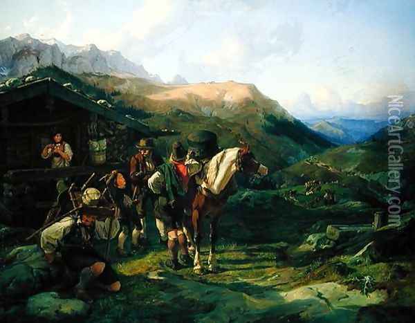 Departure from the Alpine Pasture Oil Painting - Hermann Kauffmann