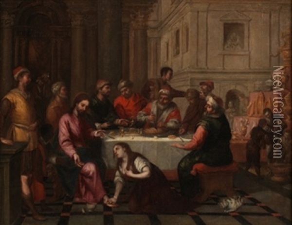 Cristo Y La Magdalena En Casa De Simon Oil Painting - Juan De Sevilla Romero Y Escalante