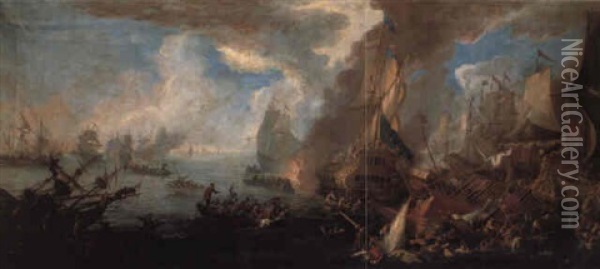 A Sea Battle With Sardinian And Venetian Warships.. In The Foreground Oil Painting - Luca Carlevarijs
