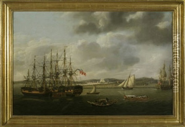 British Man-o-war And Three Merchantmen Oil Painting - Charles Martin Powell