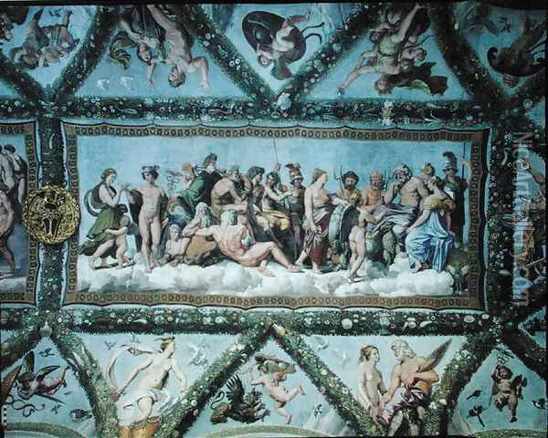 The Council of the Gods, ceiling decoration from the Loggia of Cupid and Psyche, 1510-17 Oil Painting - Giulio Romano (Orbetto)