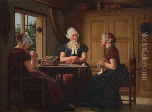 Interior With Needleworking Women Oil Painting - Carl Ludwig Jessen
