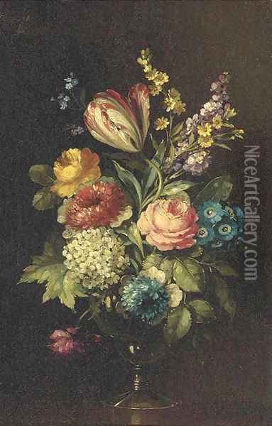 Roses, a parrot tulip, chrysanthemums and other flowers in a glass vase on a ledge Oil Painting - Jan Van Huysum