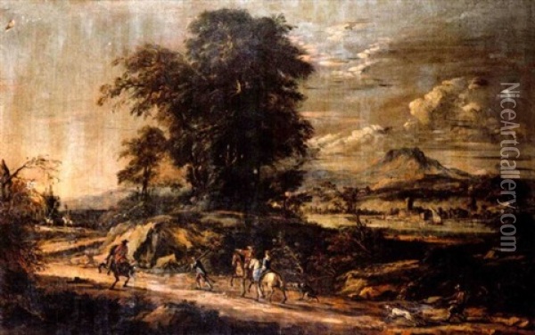 An Extensive Landscape With Travellers And Huntsmen On A Track, A Lake Beyond Oil Painting - Johann Anton Eismann
